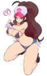  1girl ? ahoge aqua_eyes bare_legs baseball_cap bikini black_bikini black_footwear breasts brown_hair cleavage clothes_lift commentary_request covered_nipples curly_hair denim denim_shorts hat high_ponytail highres hilda_(pokemon) kneeling large_breasts long_hair looking_at_viewer nac000 parted_lips pokemon pokemon_(game) pokemon_bw shirt shirt_lift short_shorts shorts sidelocks simple_background solo spoken_question_mark swimsuit thighs underboob white_background white_shirt 