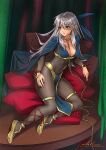  1girl alternate_costume arkuny bangs black_bodysuit bodystocking bodysuit breasts cape chain choker cleavage collar commission covered_navel error fire_emblem fire_emblem:_radiant_dawn fire_emblem_awakening hair_ribbon indoors leash long_hair looking_away medium_breasts micaiah_(fire_emblem) pillow restrained ribbon silver_hair sitting skin_tight slave solo table yellow_eyes 