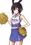  1girl absurdres bangs bare_shoulders black_hair blue_skirt blush breasts cheerleader crop_top elfenlied22 fate/grand_order fate_(series) head_wings highres holding holding_pom_poms large_breasts looking_at_viewer midriff navel one_eye_closed ortlinde_(fate) pom_pom_(cheerleading) red_eyes shirt short_hair simple_background skirt smile solo thighs valkyrie_(fate) white_background white_shirt 