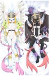  2girls :3 absurdres angel_and_devil angewomon angewomon_(cosplay) animal_ears animal_feet animal_hands animal_nose anklet arm_up ass_visible_through_thighs barefoot bed_sheet belt black_fur black_wings blacktailmon blonde_hair blue_eyes blush body_fur border breasts cat_ears cat_girl cat_tail claws clothes_writing clothing_cutout collarbone commentary_request cosplay dakimakura_(medium) digimon digimon_(creature) eyebrows_visible_through_hair fangs feathered_wings from_above full_body furry furry_female gloves gold green_gloves hand_up hands_up happy heart heart-shaped_pupils helmet highres holding holding_belt jewelry keven_(ewdx3754) knee_up knees_together_feet_apart leotard long_hair looking_at_viewer low_wings lying mask mask_on_head multiple_girls multiple_wings navel on_back open_mouth paw_gloves personification pink_ribbon purple_gloves red_ribbon ribbon runes sheet_grab sidelocks small_breasts smile spread_legs stomach stomach_cutout striped_tail symbol-shaped_pupils tail tailmon thigh_gap whiskers white_background white_border white_fur white_leotard white_wings wings yellow_eyes 