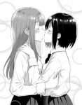  2girls bangs betock blunt_bangs blurry blush bokeh bow bowtie closed_eyes collared_shirt commentary depth_of_field eyebrows_visible_through_hair from_side greyscale hand_on_another&#039;s_arm hand_on_another&#039;s_shoulder imminent_kiss long_hair long_sleeves medium_hair monochrome multiple_girls open_mouth original parted_lips school_uniform shirt short_hair upper_body yuri 