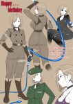  1girl belt boots choker earrings from_behind full_body happy_birthday highres jewelry jumpsuit military military_uniform multiple_views necktie okyou ring shirt t-shirt the_king_of_fighters uniform whip whip_(kof) 