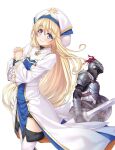  1boy 1girl armor bangs blonde_hair blue_eyes blush boots breastplate breasts brooch closed_mouth collared_dress commentary_request dress eyebrows_visible_through_hair floating_hair frilled_sleeves frills full_armor fur_trim ga_bunko gauntlets goblin_slayer goblin_slayer! gold_trim hat helmet holding holding_shield holding_sword holding_weapon jewelry kannatsuki_noboru long_hair long_sleeves looking_at_viewer looking_to_the_side multicolored_clothes multicolored_headwear novel_illustration official_art own_hands_clasped own_hands_together plume priestess_(goblin_slayer!) second-party_source shield shoulder_armor simple_background small_breasts smile standing star_(symbol) sword thigh_boots thighhighs very_long_hair weapon white_background white_dress white_headwear white_legwear 