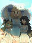  3girls :/ :d absurdres arms_under_breasts bangs black_eyes black_hair blonde_hair blunt_bangs blush borrowed_character breasts commentary crossed_arms curled_horns dress executioner_maid_(centuriic) eyebrows_visible_through_hair flareze_(porforever) freckles glasses green_eyes hat height_difference highres horns large_breasts long_hair looking_at_viewer medium_breasts multiple_girls no_pupils open_mouth original pointy_ears porforever red-framed_eyewear sanpaku semi-rimless_eyewear short_sleeves skirt_hold sleeveless sleeveless_dress smile sun_hat symbol-only_commentary two_side_up under-rim_eyewear very_long_hair white_dress 