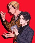  2boys akutsu_daimu animal_print black_hair black_shirt blonde_hair blue_jacket bracelet chest_tattoo collared_shirt dress_shirt earrings grin hand_up handkerchief highres holding holding_handkerchief jacket jewelry leopard_print long_sleeves looking_at_viewer lost_judgment male_focus multiple_boys necklace parted_lips profile red_background red_eyes ring shirt short_hair simple_background smile souma_kazuki sweater tattoo undercut upper_body watch wristwatch yakumo_(ykm) yellow_eyes 