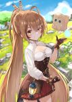  1girl :d ahoge bangs belt blurry blurry_background boulder breasts brown_hair center_opening cleavage clenched_hand cloud corset crossed_bangs dagger eyebrows_visible_through_hair feather_hair_ornament feathers floating friend_(nanashi_mumei) frilled_skirt frills gloves gold_trim grass hair_between_eyes hair_ornament hairclip highres hololive hololive_english knife lantern long_hair long_sleeves mg42cat-k1ng nanashi_mumei open_mouth owl_girl parted_lips partially_fingerless_gloves ponytail pouch red_skirt rock sidelocks skirt sky smile solo split_ponytail standing teeth tree very_long_hair virtual_youtuber weapon yellow_eyes zipper_pull_tab 