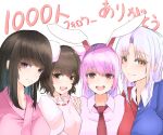  4girls :d absurdres animal_ears bangs black_hair blunt_bangs breasts brown_eyes closed_mouth commentary_request dress eyebrows_visible_through_hair floppy_ears hair_between_eyes highres houraisan_kaguya inaba_tewi light_blush light_smile long_hair looking_at_viewer milestone_celebration multiple_girls necktie no_hat no_headwear open_mouth pink_dress pink_eyes pink_shirt purple_eyes purple_hair rabbit_ears red_necktie reisen_udongein_inaba shirt short_hair sidelocks silver_hair simple_background small_breasts smile touhou translated two-tone_dress upper_body white_background white_shirt wing_collar yagokoro_eirin yagoro_kusuriya 