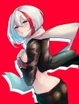  1girl admiral_graf_spee_(azur_lane) ass azur_lane bangs black_jacket black_pants blush breasts commentary_request drop_shadow dutch_angle eyebrows_visible_through_hair from_behind green_eyes hair_between_eyes hand_up highres jacket long_sleeves looking_at_viewer looking_back medium_breasts multicolored_hair open_clothes open_jacket osisio pants parted_lips red_background red_hair scarf signature silver_hair solo streaked_hair white_scarf 