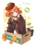  1girl :3 bangs beret black_legwear box cardboard_box choker closed_mouth hat highres indie_virtual_youtuber kaheru_(vtuber) kgr long_sleeves looking_at_viewer necktie orange_eyes orange_hair plant sitting sleeves_past_wrists solo thighhighs virtual_youtuber 