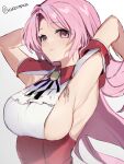  1girl armpit_cutout armpit_focus armpits breasts clothing_cutout commentary_request highres kantai_collection large_breasts long_hair luigi_di_savoia_duca_degli_abruzzi_(kancolle) one-hour_drawing_challenge picoli1313 pink_eyes pink_hair red_skirt short_sleeves sideboob simple_background skirt solo twitter_username white_background 