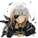  1girl bandana bangs black_jacket chinese_commentary commentary_request eyepatch girls&#039;_frontline jacket jibao looking_at_viewer m16a1_(boss)_(girls&#039;_frontline) m16a1_(girls&#039;_frontline) mole mole_under_eye multicolored_hair orange_hair portrait scar scar_on_face shirt solo streaked_hair throat_microphone white_background white_hair yellow_eyes yellow_shirt 