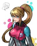  1girl absurdres bangs blonde_hair blue_eyes bodysuit breasts hair_between_eyes highres long_hair looking_at_viewer medium_breasts metroid metroid_dread mole mole_under_mouth ponytail saiykik samus_aran simple_background skin_tight solo zero_suit 