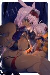  2girls bangs bare_shoulders bikini black_bikini black_hairband black_jacket body_markings breasts caenis_(fate) caenis_(swimsuit_rider)_(fate) campfire cleavage collarbone cropped_jacket dark-skinned_female dark_skin eating echo_(circa) eyebrows_visible_through_hair eyewear_on_head fate/grand_order fate_(series) hairband jacket large_breasts long_hair multiple_girls navel okita_souji_(alter_swimsuit_saber)_(fate) okita_souji_(fate) orange_scarf scarf shrug_(clothing) skewer sunglasses swimsuit tassel thighs white_bikini 