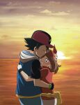  1boy 1girl ash_ketchum bangs baseball_cap black_gloves black_hair blue_eyes blush brown_hair closed_eyes closed_mouth cloud commentary eyebrows_visible_through_hair fanny_pack gloves hat highres hood hood_down hug jacket may_(pokemon) outdoors pants pokemon pokemon_(anime) pokemon_rse_(anime) red_bandana red_shirt shirt short_hair short_sleeves skirt sky smile spiked_hair suitenan sun sunset tearing_up twilight white_skirt yellow_bag 