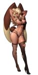  1girl absurdres animal_ears arms_behind_head asymmetrical_clothes asymmetrical_legwear black_sclera blonde_hair breasts colored_sclera dark-skinned_female dark_skin full_body high_heels highres humanization kangagi97 large_breasts long_hair lop_rabbit_ears lopunny navel no_pupils orange_eyes pasties pokemon rabbit_ears rabbit_girl rabbit_tail simple_background skindentation smile solo standing tail thighhighs torn_clothes torn_legwear white_background 