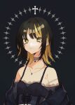  1girl armpit_crease black_background black_hair black_jacket blonde_hair bra_strap choker collarbone crop_top cross_patty ear_piercing idolmaster idolmaster_shiny_colors ikaruga_luca jacket jacket_partially_removed jewelry lace-trimmed_choker lace_trim looking_away multicolored_hair nagao_(wao00oo) necklace off-shoulder_shirt off_shoulder piercing shirt solo streaked_hair sun_symbol upper_body yellow_eyes 