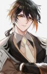  1boy bangs black_hair brown_hair closed_mouth crossed_arms earrings fractalmagnolia genshin_impact gradient_hair grey_background hair_between_eyes jewelry long_hair looking_at_viewer male_focus multicolored_hair necktie simple_background single_earring solo upper_body zhongli_(genshin_impact) 