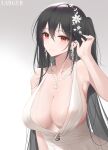  absurdres adjusting_hair areola_slip areolae azur_lane bare_shoulders black_hair breasts cleavage dress earrings flower gradient gradient_background grey_background hair_between_eyes hair_flower hair_ornament highres jewelry large_breasts larger_bmx light_blush long_hair looking_at_viewer official_alternate_costume plunging_neckline red_eyes satin_dress see-through_dress sleeveless sleeveless_dress taihou_(azur_lane) taihou_(temptation_on_the_sea_breeze)_(azur_lane) upper_body very_long_hair wedding_dress white_background 