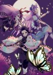  3girls :d absurdres bb_(fate) bb_(fate/extra) black_footwear black_hair black_skirt blue_eyes boots bow bug butterfly butterfly_hair_ornament choker closed_mouth crescent crescent_earrings cure_selene dress earrings fate/extra fate/extra_ccc fate_(series) floating_hair full_moon gradient_hair hair_bow hair_ornament hand_on_own_knee haori high_heel_boots high_heels highres holding holding_sword holding_weapon jacket japanese_clothes jewelry kaguya_madoka kimetsu_no_yaiba knee_boots kochou_shinobu long_hair looking_at_viewer miniskirt moon multicolored_hair multiple_girls neck_ribbon open_mouth pants precure profile purple_background purple_choker purple_dress purple_eyes purple_hair purple_jacket purple_pants red_bow red_ribbon ribbon shiny shiny_hair shipu_(gassyumaron) shirt short_hair short_sleeves skirt smile star_twinkle_precure sword thigh_boots thighhighs tongue tongue_out uniform very_long_hair weapon white_footwear white_shirt white_sleeves zettai_ryouiki 