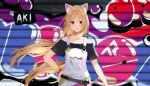  absurdres aki_rosenthal animal_ears bangs belt black_shirt blonde_hair bob_cut borumete bracelet cat_ears graffiti highres hololive jacket jacket_removed jewelry long_hair low_twintails official_alternate_costume official_art overalls parted_bangs purple_eyes shirt twintails virtual_youtuber zipper 