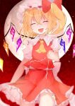  1girl :d ascot bangs blonde_hair blush bow breasts clenched_hand closed_eyes closed_mouth commentary_request cowboy_shot crossed_bangs crystal electricity eyebrows_visible_through_hair fang flandre_scarlet full_moon fuua_(fxae3875) hair_between_eyes hair_bow hand_up hat mob_cap moon night night_sky one_side_up open_mouth petticoat puffy_short_sleeves puffy_sleeves red_bow red_skirt red_sky red_vest short_hair short_sleeves skin_fang skirt sky small_breasts smile solo touhou vest white_headwear wings yellow_ascot 