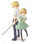  1boy 1girl :o bad_id baseball_bat black_legwear blonde_hair brother_and_sister dress full_body green_dress hairband hato_(hato37) height_difference higurashi_no_naku_koro_ni houjou_satoko houjou_satoshi open_mouth pantyhose puffy_short_sleeves puffy_sleeves red_eyes sailor_collar sailor_dress school_uniform serafuku short_sleeves siblings simple_background standing white_background 