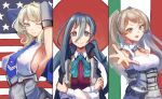  3girls ahoge american_flag blonde_hair blue_eyes blue_necktie bow bowtie breasts brown_eyes colorado_(kancolle) conte_di_cavour_(kancolle) dress elbow_gloves gloves grey_dress grey_eyes grey_gloves grey_hair hair_between_eyes highres italian_flag japanese_flag kantai_collection kiyoshimo_(kancolle) large_breasts long_hair low_twintails multiple_girls necktie odd_one_out panda_(heart_sink) pleated_dress school_uniform shirt short_hair sideboob silver_hair sleeveless twintails two_side_up white_dress white_shirt 