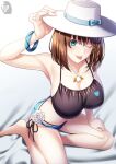  1girl bangs bare_shoulders barefoot bikini black_bikini blue_bikini blush bracelet braid breasts brown_hair charlotte_corday_(fate) charlotte_corday_(swimsuit_caster)_(fate) cleavage collarbone fate/grand_order fate_(series) flower green_eyes hat highres jewelry large_breasts looking_at_viewer mismatched_bikini navel necklace pendant short_hair side_braid sitting smile solo sun_hat swimsuit thighs white_headwear zaregoto_tsukai_no_deshi 