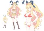  1girl anne_bonny_(fate) bikini blonde_hair boots breasts character_sheet fate/grand_order fate_(series) hand_on_hip hat large_breasts long_hair red_eyes red_nails skull_and_crossbones smile swimsuit t-okada thigh_pouch twintails white_background 