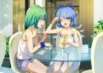  2girls alternate_costume bangs bare_arms bare_shoulders blue_bow blue_eyes blue_hair blush bow brain_freeze cirno collarbone commentary_request commission cream cream_on_face daiyousei dessert dress eating eyebrows_visible_through_hair finger_to_mouth flat_chest food food_on_face glass green_hair hair_bow holding holding_spoon ice ice_cream ice_wings indoors looking_at_another multiple_girls one_eye_closed open_mouth outdoors parfait plant potted_plant ribbon round_table scrunchie short_hair shorts sitting skeb_commission smile sody spoon table touhou whipped_cream white_dress wings wrist_scrunchie 
