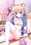  1girl animal_ears bangs bear_ears blonde_hair blue_eyes blue_jacket blurry blurry_background bra coffee_cup couch cup curtains cushion detached_collar disposable_cup eyebrows_visible_through_hair flat_chest food frilled_bra frills hair_bobbles hair_ornament highres jacket knee_up looking_at_viewer macaron original panties parted_lips plate saucer shiwasu_horio sitting solo star_(symbol) star_hair_ornament striped striped_panties table thighhighs underwear white_bra white_legwear window x_hair_ornament 