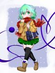  1girl alternate_costume ankle_boots bag black_legwear boots brown_footwear buttons eyeball full_body fur-trimmed_boots fur_boots fur_trim gozen_(gozen0707) green_eyes green_hair green_shirt green_skirt heart heart_of_string highres jacket komeiji_koishi miniskirt no_hat no_headwear plaid plaid_scarf red_scarf scarf shirt shoulder_bag simple_background skirt snowflakes solo thighhighs third_eye touhou white_background winter_clothes yellow_jacket 