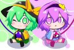  2girls :&lt; :3 black_footwear black_headwear blouse blue_blouse blush chibi collared_shirt cropped eyeball gozen_(gozen0707) green_eyes green_hair green_skirt hairband hat hat_ribbon heart heart_hands highres komeiji_koishi komeiji_satori long_sleeves looking_to_the_side multiple_girls one_eye_closed open_mouth pink_skirt purple_eyes purple_footwear purple_hair purple_hairband ribbon shirt shoes short_hair siblings sisters skirt third_eye touhou wavy_hair wide_sleeves yellow_ribbon yellow_shirt 