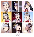  ! +++ 1girl :d animal_ears bangs blunt_bangs blush closed_eyes closed_mouth ear_covers gold_ship_(umamusume) grey_hair grin head_tilt highres horse_ears hose implied_extra_ears long_hair looking_at_viewer making_faces multiple_views open_mouth peeking_out red_eyes ryuusei_(mark_ii) signature smile solo_focus tongue tongue_out umamusume wide-eyed 