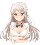  1girl breasts brown_eyes cleavage closed_mouth conte_di_cavour_(kancolle) dress gloves kantai_collection large_breasts long_hair remodel_(kantai_collection) short_sleeves silver_hair simple_background smile solo two_side_up watanore white_background white_dress white_gloves 