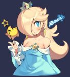  1girl bare_shoulders blonde_hair blue_dress blue_eyes blush breasts character_name collarbone cropped_torso crown dress earrings hair_over_one_eye hand_up holding holding_wand iroyopon jewelry lips long_hair long_sleeves looking_to_the_side luma_(mario) mario_(series) off-shoulder_dress off_shoulder parted_lips rosalina simple_background star_(symbol) star_earrings super_mario_galaxy wand 