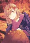  1girl autumn blurry blurry_background brown_eyes brown_hair brown_skirt day hair_ornament hand_on_own_cheek hand_on_own_face leaf_hair_ornament long_skirt long_sleeves looking_at_viewer original outdoors plaid skirt solo ueno_haruki 
