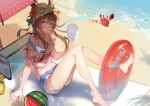  1girl absurdres amiya_(arknights) animal_ears arknights bare_legs barefoot beach beach_towel beach_umbrella bikini blue_bikini blue_eyes blue_shorts blush breasts brown_hair closed_mouth commentary crab day english_commentary eyewear_on_headwear flower food fruit full_body hair_between_eyes hand_fan hat hat_flower hibiscus highres holding holding_fan innertube jewelry long_hair looking_at_viewer multiple_rings off-shoulder_shirt off_shoulder official_alternate_costume outdoors paper_fan pink_shirt plaid plaid_shirt polka_dot rabbit_ears ring shirt short_shorts shorts sitting small_breasts softkittywarmkitty solo straw_hat sunglasses swimsuit towel twintails uchiwa umbrella watermelon 