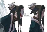  1boy black_eyes black_hair blue_kimono character_name character_profile character_sheet closed_mouth fisher903 forehead_protector hair_ornament haku_(naruto) ice japanese_clothes kimono long_hair mask naruto naruto_(series) ninja otoko_no_ko simple_background smile solo white_background 