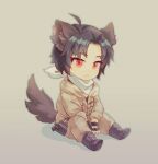  1boy 86_-eightysix- animal_ears beige_background black_footwear brown_hair brown_jacket brown_pants chibi commentary_request fingerless_gloves gloves highres jacket kemonomimi_mode male_focus military military_uniform pants red_eyes setani_o shinei_nouzen sitting solo tail uniform wolf_boy wolf_ears wolf_tail 