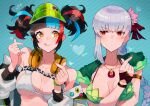  2girls armlet badge bangs bare_shoulders bikini black_hair blue_hair blush bracelet braid braided_ponytail breasts button_badge cleavage collarbone fate/grand_order fate_(series) flower green_bikini green_headwear green_vest hair_flower hair_ornament hair_ribbon headphones headphones_around_neck highres hood hooded_vest hoodie jacket jewelry kama_(fate) kama_(swimsuit_avenger)_(fate) katsu_(katsupainter) large_breasts licking_lips long_hair long_sleeves looking_at_another looking_to_the_side lotus multicolored_hair multiple_girls necklace off_shoulder open_clothes open_jacket pendant red_eyes red_hair ribbon sei_shounagon_(fate) sei_shounagon_(swimsuit_berserker)_(fate) sidelocks silver_hair smile swimsuit tongue tongue_out twintails vest visor_cap white_bikini white_jacket yellow_eyes 
