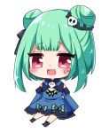  1girl absurdres animal_print bangs bare_shoulders black_bow blue_dress blush bow butterfly_print chibi detached_sleeves double_bun dress eyebrows_visible_through_hair green_hair grey_footwear hair_bow hair_ornament highres hololive long_sleeves looking_to_the_side open_mouth puffy_sleeves red_eyes shinonome_asu shoes short_hair simple_background sitting skull_hair_ornament smile solo uruha_rushia virtual_youtuber white_background wide_sleeves 