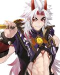  1boy abs arataki_itto bangs black_nails body_markings club_(weapon) facial_mark fingernails genshin_impact hand_on_hip highres holding holding_weapon horns japanese_clothes long_hair male_focus multicolored_hair nail_polish oni oni_horns open_mouth parted_bangs penyo1989 red_eyes red_hair sharp_fingernails simple_background solo spiked_hair spikes thick_thighs thighs toned toned_male vision_(genshin_impact) weapon white_background 