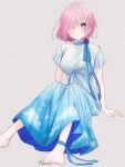  1girl alternate_costume ankle_ribbon anklet bad_feet bangs barefoot blue_dress blue_nails blue_ribbon blush breasts closed_mouth cloud_print commentary_request dress eyebrows_visible_through_hair fate/grand_order fate_(series) fingernails flower gradient_clothes hair_over_one_eye harukappa highres jewelry long_dress looking_at_viewer mash_kyrielight medium_breasts multicolored_clothes nail_polish one_eye_covered pink_hair purple_eyes purple_flower purple_rose ribbon rose short_hair short_sleeves sitting sky_print smile solo toenail_polish toenails white_dress 