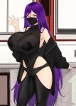  1girl bangs bare_shoulders black_legwear breasts collarbone commentary_request commission cowboy_shot huge_breasts impossible_clothes korean_commentary leotard long_hair looking_at_viewer mask mouth_mask off_shoulder original purple_eyes purple_hair sideboob solo turtleneck very_long_hair waving zcune 