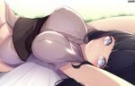  1girl artist_name bangs black_hair blunt_bangs breasts ddangbi hyuuga_hinata large_breasts light_purple_eyes long_hair looking_at_viewer lying naruto:_the_last naruto_(series) no_panties no_pants no_pupils on_back on_bed sleeveless solo 