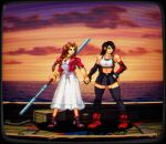  2girls aerith_gainsborough bangs black_border black_gloves black_hair black_legwear black_skirt boots border bracelet braid brown_eyes brown_footwear brown_hair cloud crop_top cropped_jacket crt dress elbow_gloves fake_screenshot final_fantasy final_fantasy_vii final_fantasy_vii_remake gloves green_eyes hair_ribbon hand_on_hip holding holding_hands holding_staff holding_weapon horizon jacket jewelry kdekercy long_hair midriff miniskirt multiple_girls muscular muscular_female ocean orange_sky parted_hair pink_jacket pink_ribbon pixel_art red_footwear red_gloves ribbon rope ship short_sleeves side_braids skirt sky sports_bra sprite staff sunset swept_bangs thighhighs tifa_lockhart watercraft weapon white_dress white_sports_bra wooden_floor zettai_ryouiki 