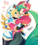  2girls android blonde_hair blue_eyes blush breasts cinnamon_(mega_man) closed_mouth dated eyebrows_visible_through_hair green_eyes green_hair hand_on_another&#039;s_head hat headgear heart helmet hug iroyopon long_hair looking_at_another marino_(mega_man) mega_man_(series) mega_man_x:_command_mission mega_man_x_(series) multiple_girls nurse nurse_cap open_mouth signature smile white_background yuri 