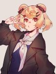  1girl animal_ears arknights bear_ears blonde_hair blue_dress brooch brown_jacket candy_hair_ornament dress food-themed_hair_ornament grey_background gummy_(arknights) hair_ornament hand_up jacket jewelry long_sleeves looking_at_viewer mirin_chikuwa neckerchief open_clothes open_jacket red_eyes sailor_collar sailor_dress school_uniform short_hair simple_background solo upper_body v white_neckerchief white_sailor_collar 