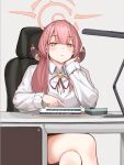  1girl aru_(blue_archive) bangs blue_archive blush breasts chair closed_mouth crossed_legs desk desk_lamp elbow_rest eyebrows_visible_through_hair grey_background halo head_rest horns hoshiya_takahito lamp long_hair long_sleeves neck_ribbon pink_hair pink_ribbon ribbon shirt simple_background sitting solo toy_train white_shirt yellow_eyes 